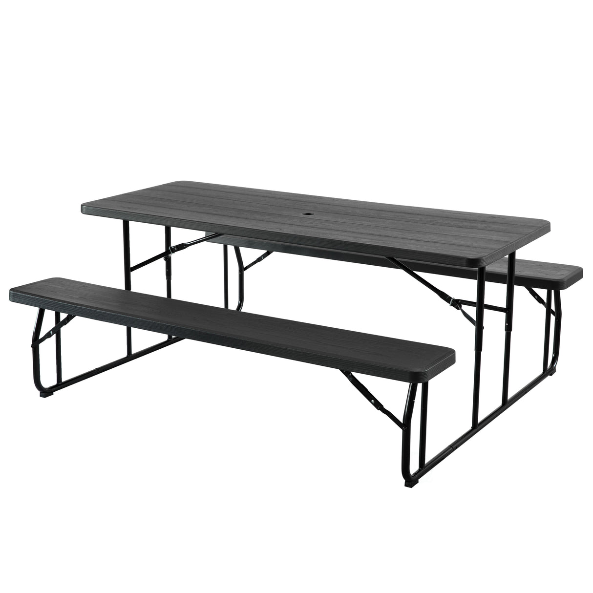 Outdoor Foldable Woodgrain Picnic Table Set with Metal Frame 6 Ft. Black - LEHADAR