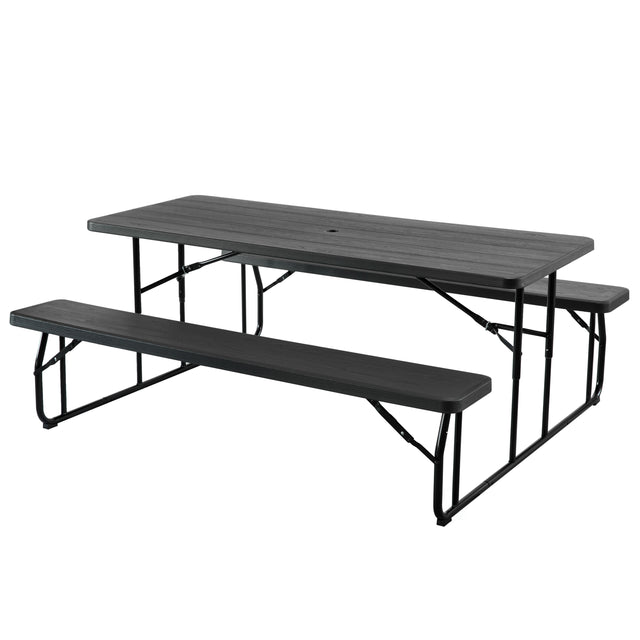 Outdoor Foldable Woodgrain Picnic Table Set with Metal Frame 6 Ft. Black - LEHADAR