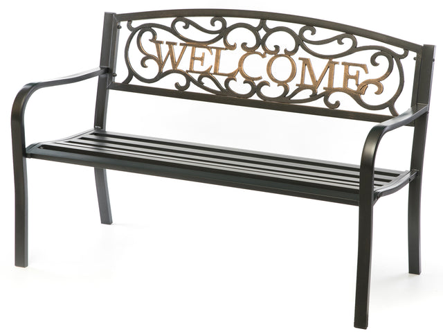 Steel Outdoor Patio Garden Park Seating Bench with Cast Iron Welcome Backrest, Front Porch Yard Bench Lawn Decor - LEHADAR