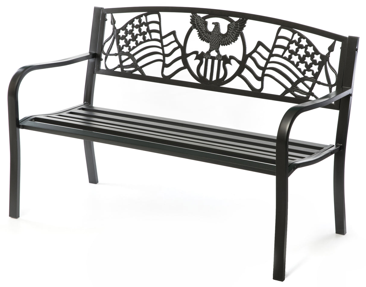 Steel Outdoor Patio Garden Park Seating Bench with Cast Iron Patriotic American Flag and Eagle Backrest, Front Porch Yard Bench Lawn Decor - LEHADAR