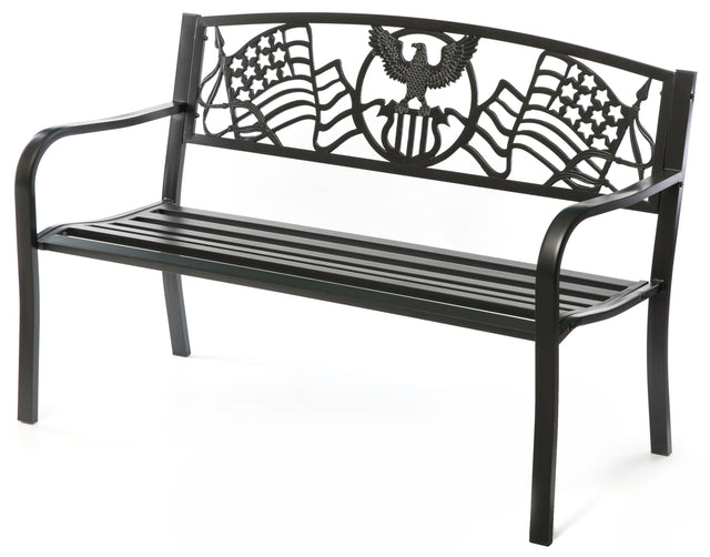 Steel Outdoor Patio Garden Park Seating Bench with Cast Iron Patriotic American Flag and Eagle Backrest, Front Porch Yard Bench Lawn Decor - LEHADAR