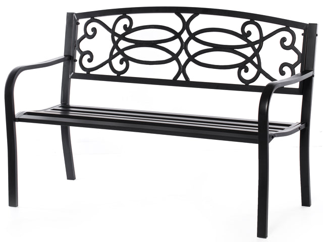 Steel Outdoor Patio Garden Park Seating Bench with Cast Iron Scrollwork Backrest, Front Porch Yard Bench Lawn Decor - LEHADAR