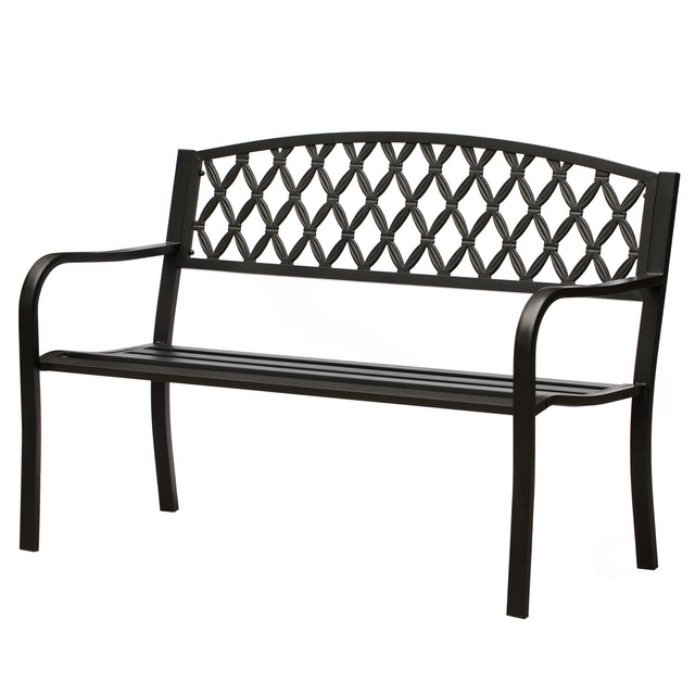 Gardenised Black Outdoor Garden Patio Steel Park Bench Lawn Decor with Cast Iron Back Seating bench, with Backrest and Armrest for Yard, Patio, Garden, Balcony, and Deck - LEHADAR