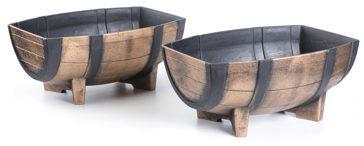 Rustic Wood- Look Plastic Half Barrel Flower Pot Garden Planter, Pack of 2 - LEHADAR