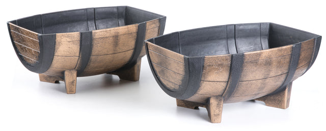 Rustic Wood- Look Plastic Half Barrel Flower Pot Garden Planter, Pack of 2 - LEHADAR