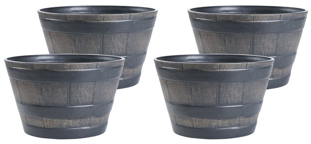 Rustic Wood - Look Plastic Half Barrel Flower Pot, Pack of 4 - LEHADAR