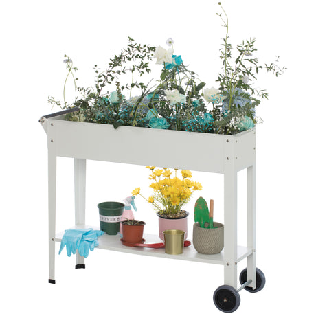 Mobile Planter Raised Garden Bed Rectangular Flower Cart with Shelf - LEHADAR