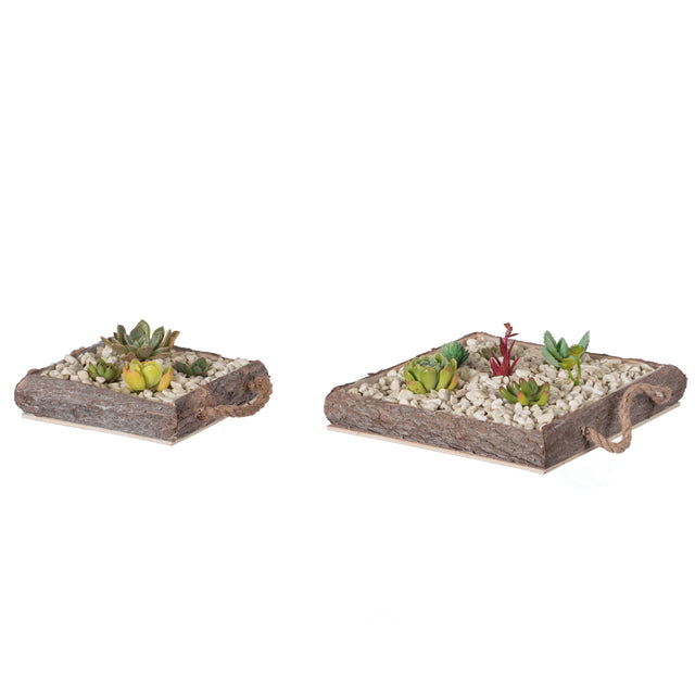 Indoor and Outdoor Set of 2 Brown Vintage Bark Square Wooden Mini Flowerpot Planter - LEHADAR