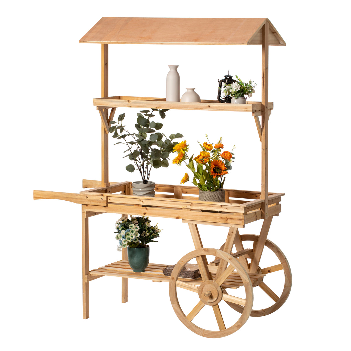 Large Wooden 3 Tier Rolling Table Cart with 2 Wheels for Home Decor Modern Wagon with Shelves for Display Rack, Coffee Station, Food Stand, Beverage Bar, and Tea Stall - LEHADAR