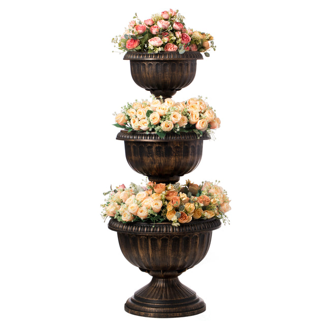 Outdoor Garden Triple Stacked Flower Bowl Urn Tier Planter Decoration, Bronze - LEHADAR