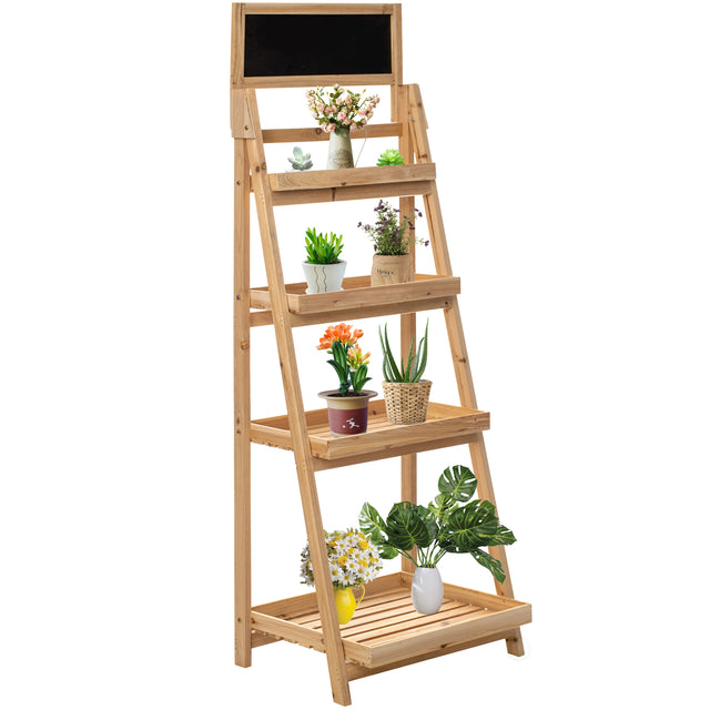 Decorative Wooden 4-Tier Chalkboard Ladder Shelf, Flower Plant Pot Display Shelf Bookshelf, Plant Flower Stand, Storage Display Shelves for Living Room Bathroom Office, Multifunctional Slim Narrow Ladder Shelves Bookcase, Natural - LEHADAR