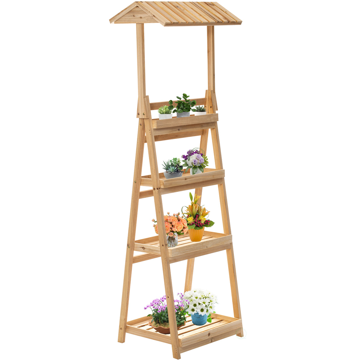 Multi-Functional Wooden Shelf Plant Stand, Storage Rack and Bookcase for Indoor and Covered Outdoor Spaces - Enhances Patios, Porches, Living Rooms, Balconies, Corners, Gardens, and Home Offices - LEHADAR