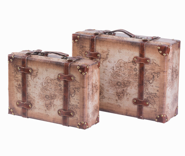 Set of 2 Vintage-Style World Map Leather Suitcase Trunks with Straps and Handle - LEHADAR
