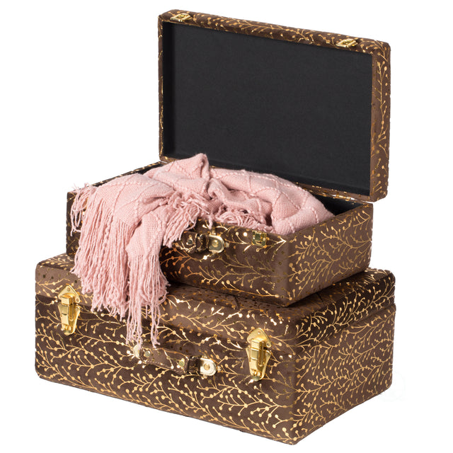 Decorative Tufted Velvet Suitcase Treasure Chest Set of 2, Brown - LEHADAR