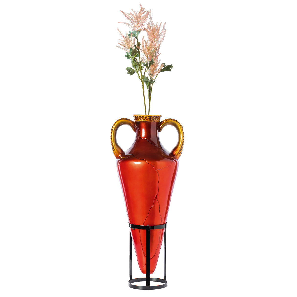 Roman-Inspired Tall Floor Vase - Large Pointed Amphora Design - 35-inch-Tall Decorative Vessel with Sturdy Metal Tripod Stand - Elegant Red and Gold Accents for Interior D̩cor and Home Design - LEHADAR