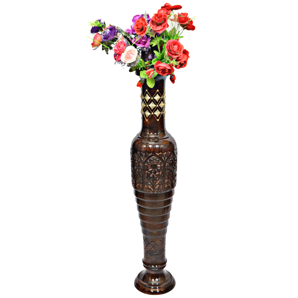 "Antique Decorative Hand Curved Brown Mango Wood Floor Flower Vase with Unique Textured Pattern, 37 Inch" - LEHADAR