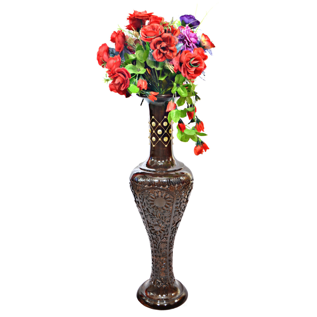 Antique Decorative Brown Hand Curved Mango Wood Floor Flower Vase with Unique Textured Pattern, 30 Inch - LEHADAR