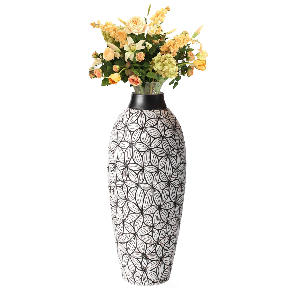 Timeless Flower-Inspired Ceramic Vase - Unique White 17-Inch-Tall Round Table Decor for Entryway, Dining Room, Living Room - Classic White Pottery - Elegant Home Accent with Chic Floral Touch - LEHADAR