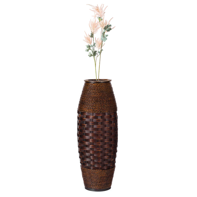 Antique Cylinder Style Floor Vase For Entryway or Living Room, Bamboo Rope, Brown 26" Tall - LEHADAR