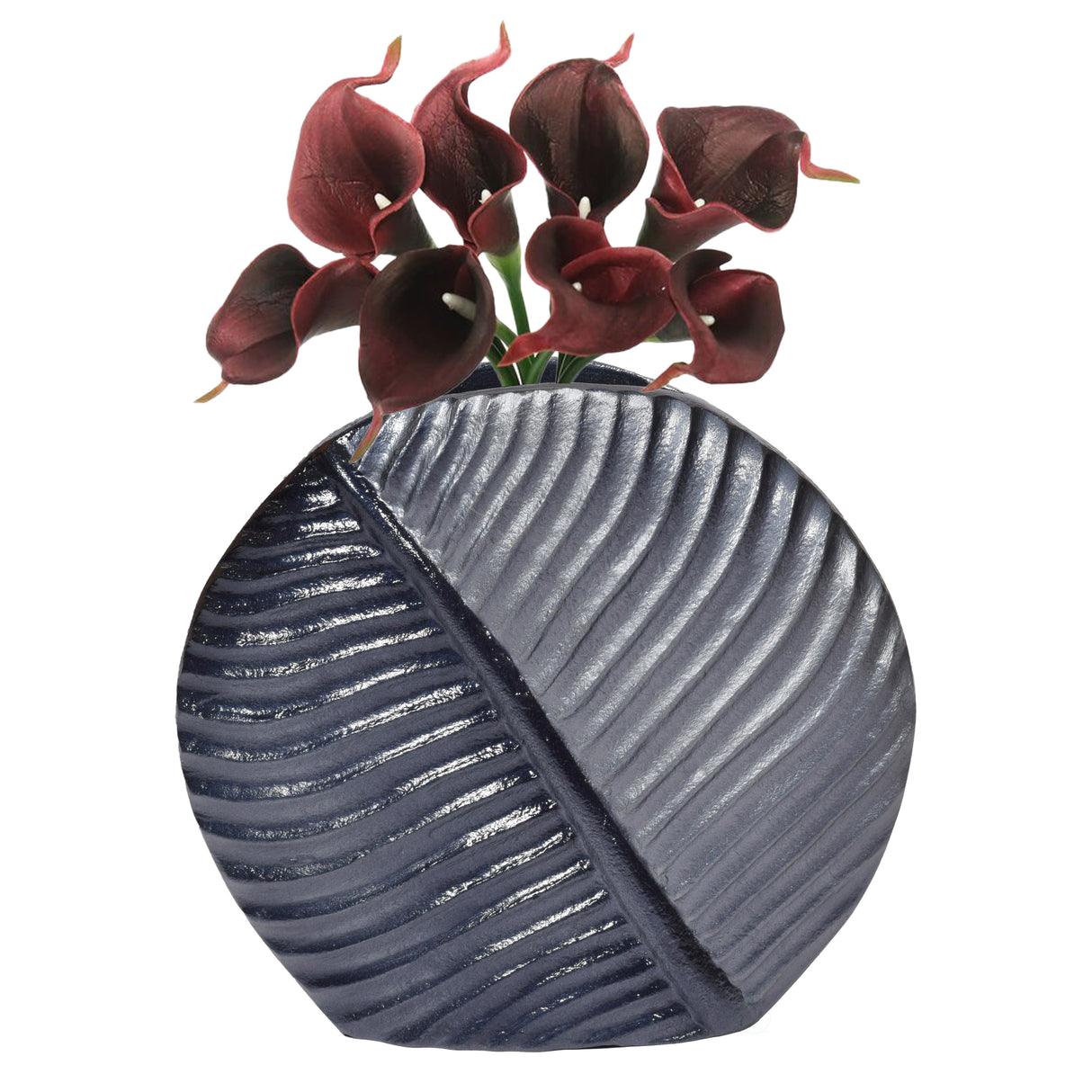 "Aluminium-Casted Leaf Shaped Centerpiece Flower Table Vase, Two Tone Grey 7.5 Inch" - LEHADAR
