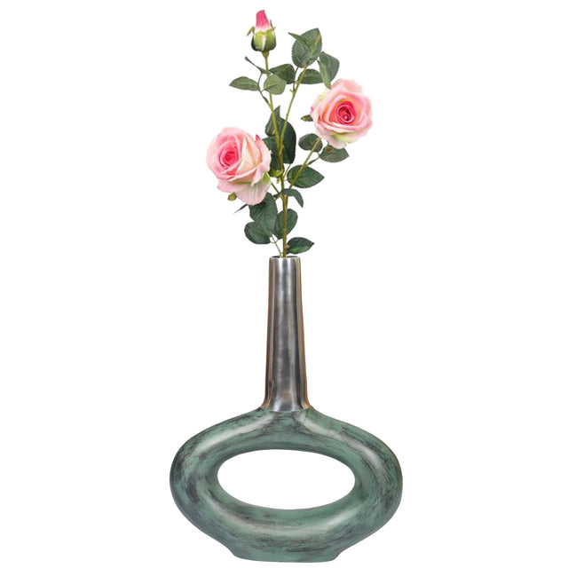 Decorative Antique Aluminium-Casted Table Centerpiece Flower Vase, Two Tone Patina Green 19.25 Inch - LEHADAR