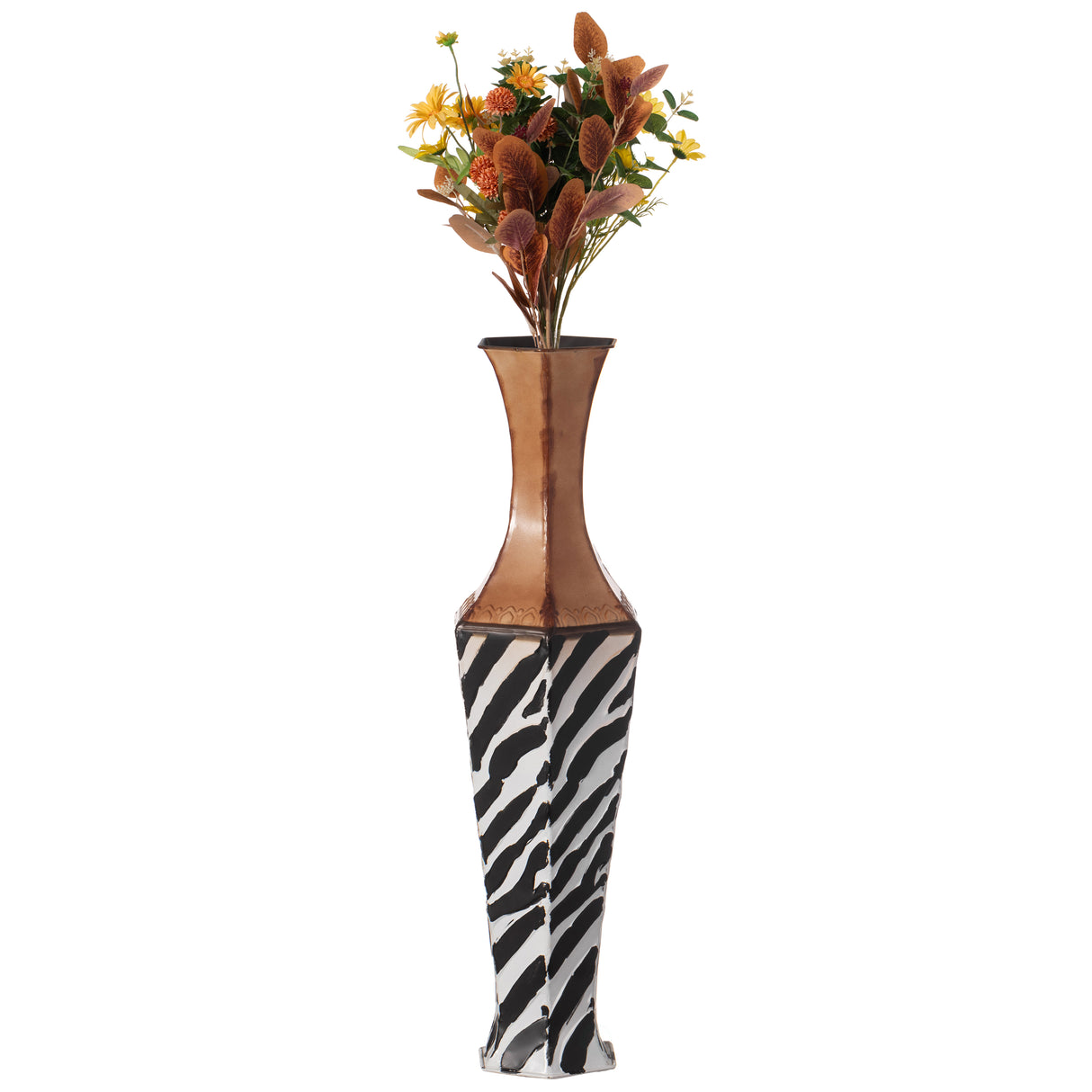26-inch Tall White Striped and Brown Metal Floor Vase: Premium Centerpiece for Home Decor fill with Dried Flower and Artificial Floral Arrangements, Living Room and Bedroom Decoration - LEHADAR