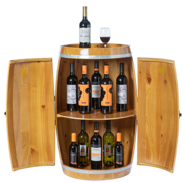 Wooden Wine Barrel Shaped Wine Holder, Bar Storage Lockable Storage Cabinet - LEHADAR