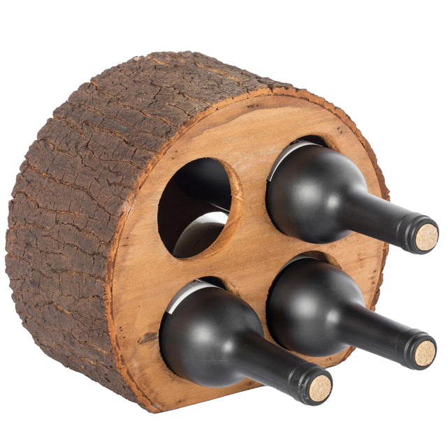 Round Wood Log Style with Bark 4 Bottle Countertop Wine Rack Holder - LEHADAR