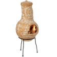 Outdoor Clay Chiminea Fireplace Sun Design Wood Burning Fire Pit with Sturdy Metal Stand, Barbecue, Cocktail Party, Cozy Nights Fire Pit, Terra Cotta - LEHADAR