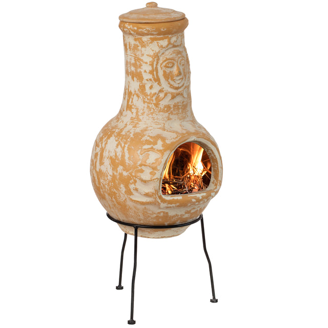 Outdoor Clay Chiminea Fireplace Sun Design Wood Burning Fire Pit with Sturdy Metal Stand, Barbecue, Cocktail Party, Cozy Nights Fire Pit, Terra Cotta - LEHADAR