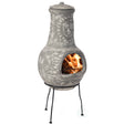 Outdoor Clay Chiminea Fireplace Sun Design Wood Burning Fire Pit with Sturdy Metal Stand, Barbecue, Cocktail Party, Cozy Nights Fire Pit, Stone Gray - LEHADAR