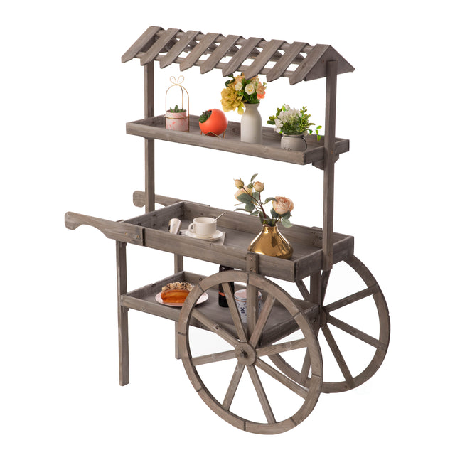 Antique Rustic Solid Wood decor Display Rack Cart Wood Plant Stand 3 Tier with Wheels for Display, Wood Wagon with Shelves for Plants and More - LEHADAR