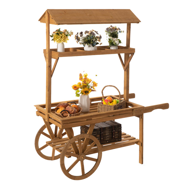 Wooden 3 Tier Rolling Table Cart With 2 Wheels for Home Decor, Display Rack, Lemonade stand, Food Stand, or Tea Stall - LEHADAR