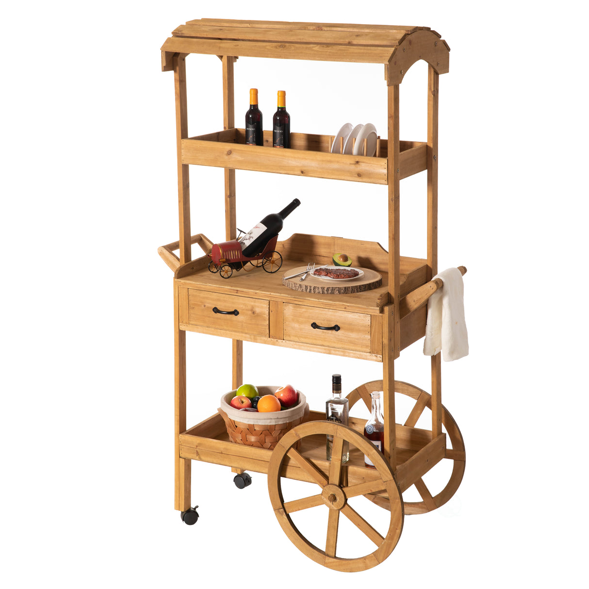 Large Wooden Display Rolling Table with Drawers and Wheels 3 Tier with Shelves for Food and More - LEHADAR