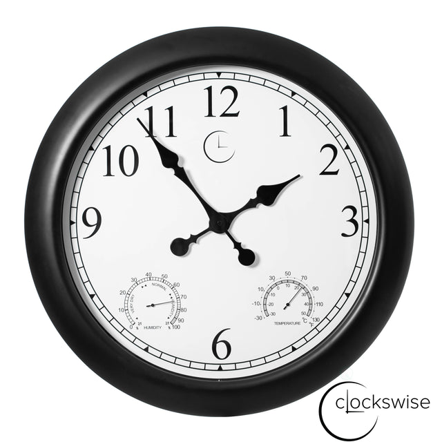 24-inch Large Outdoor Wall Clock Thermometer Combo, Waterproof Hygrometer Silent Battery Operated Clocks Timepiece Garden Weather Master Station for Home Indoor or Patio Pool Photography Props Black - LEHADAR