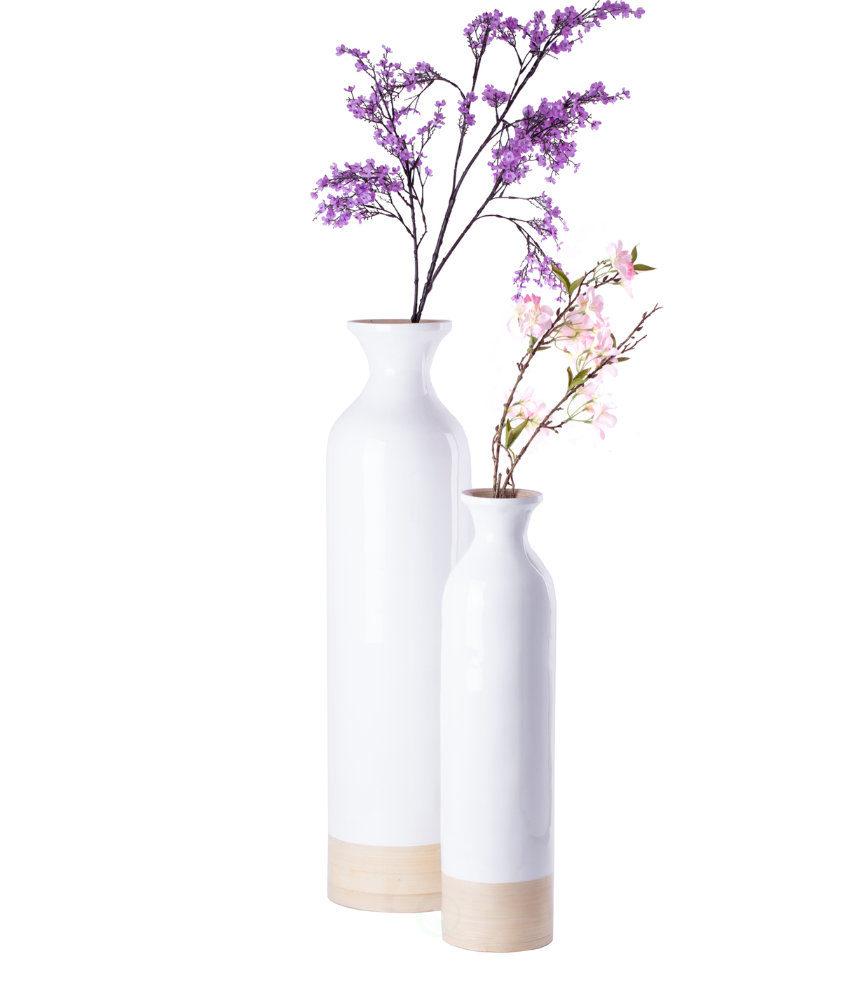 Set of 2 Elegant White Cylinder Shaped Tall Spun Bamboo Floor Vases, Embellished with a Glossy Lacquer, and Enhanced with Natural Bamboo Finish - Stylish Home Decor, Heights of 31 and 23.5 Inches