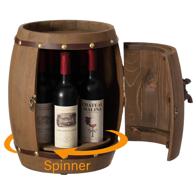 Vintage Wooden Barrel Shaped Wine Holder with a rotating turntable that allows easy access to your wine for Dining Room, Entryway, or Kitchen - LEHADAR