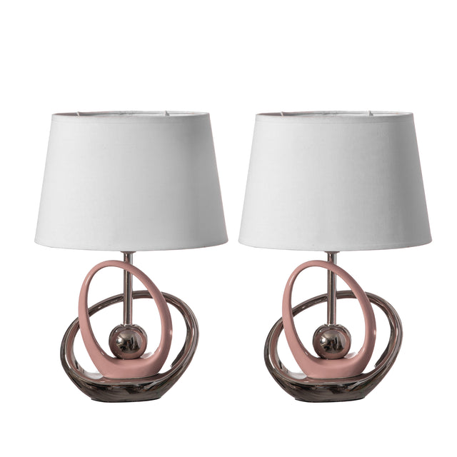 Table Lamps, 16" Decorative Ceramic Table Lamp, with Reflecting Silver and Pink Circular Stand and White Cotton Lampshade, Unique Lamp for Living Room or Bedroom, Set of 2 - LEHADAR