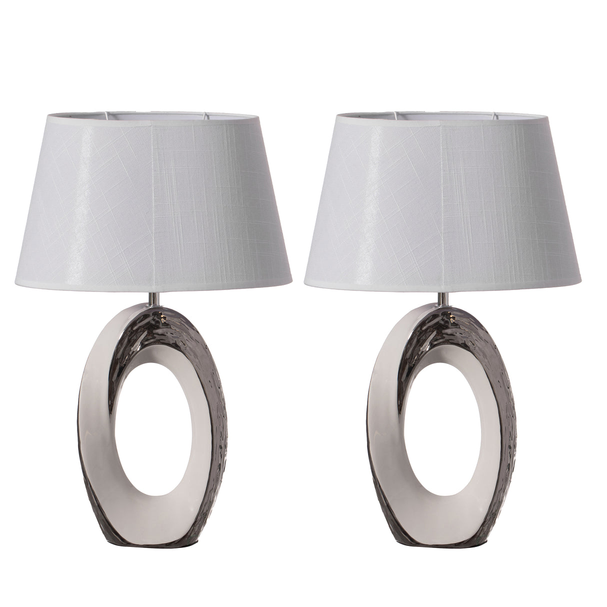 Table Lamps, Decorative Ceramic Table Lamp 19 inch, with Silver and White Oval Stand and White Cotton Lampshade, Unique Lamp for Home Decor Living Room or Bedroom, Set of 2 - LEHADAR