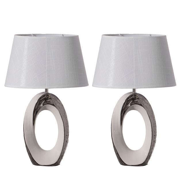 Table Lamps, Decorative Ceramic Table Lamp 19 inch, with Silver and White Oval Stand and White Cotton Lampshade, Unique Lamp for Home Decor Living Room or Bedroom, Set of 2 - LEHADAR
