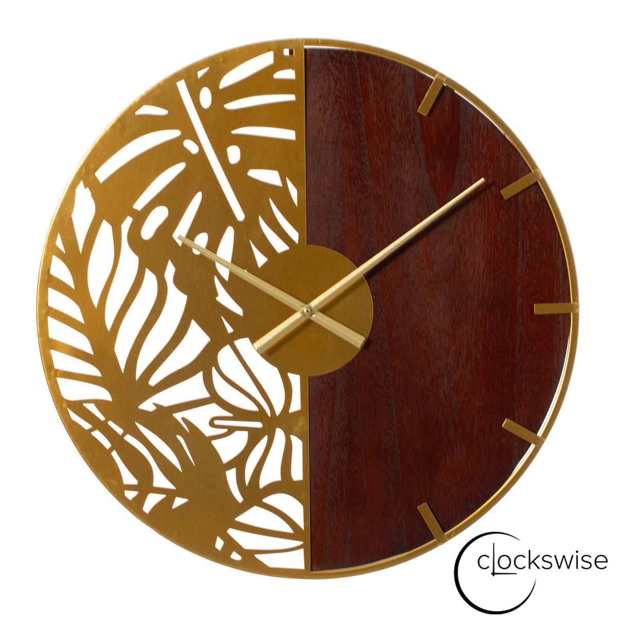 23.6‰۝ Modern Round Big Wall Clock, Decorative brown wood and gold Metal with Leaf Cutout Oversize Timepiece for Entryway Office Living Room Bedroom or Kitchen, Hanging Supplies Included, Home Decor - LEHADAR