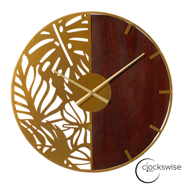 23.6‰۝ Modern Round Big Wall Clock, Decorative brown wood and gold Metal with Leaf Cutout Oversize Timepiece for Entryway Office Living Room Bedroom or Kitchen, Hanging Supplies Included, Home Decor - LEHADAR