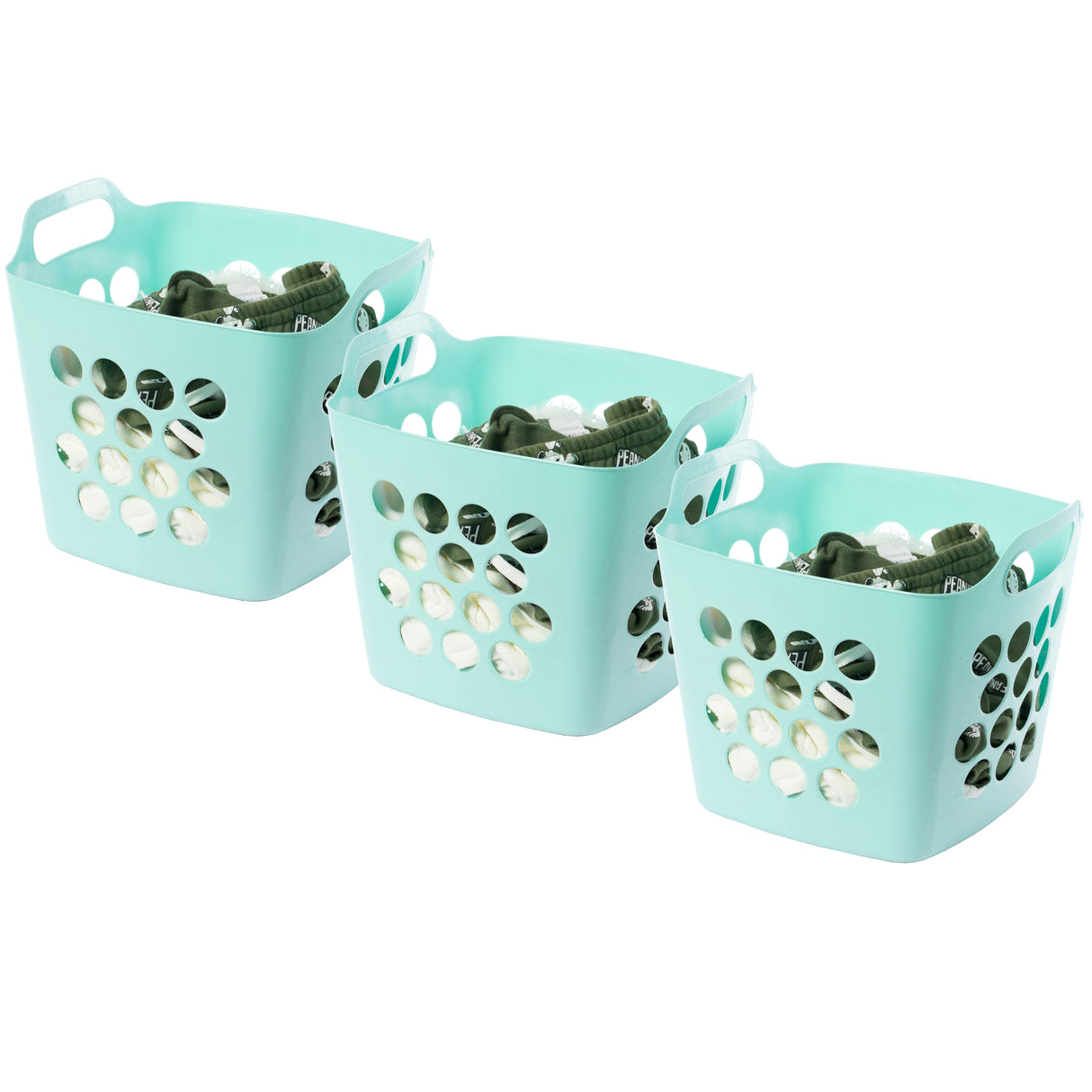 Flexible Plastic Carry Laundry Basket Holder Square Storage Hamper with Side Handles, Green Set of 3 - LEHADAR