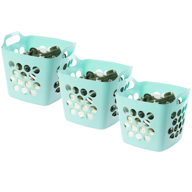 Flexible Plastic Carry Laundry Basket Holder Square Storage Hamper with Side Handles, Green Set of 3 - LEHADAR