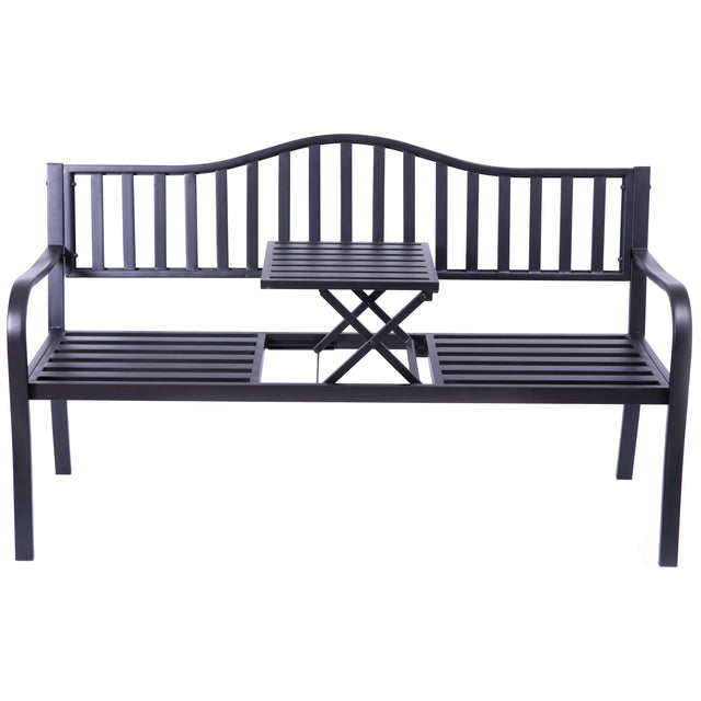 Outdoor Powder Coated Steel Park Bench, Garden Bench with Pop Up Middle Table, Lawn Decor Seating Bench for Yard, Patio, Garden, Balcony, and Deck - LEHADAR