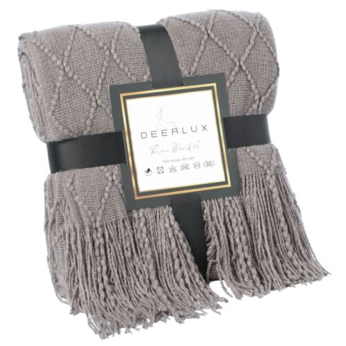 Decorative Knit Throw Blanket, 50x60 in, Boasting a Durable Diamond Pattern Design and Elegant Fringe Edges - Grey, Lightweight, Breathable, Easy Care, Versatile, All-Season, Ideal for Lounging, Gift - LEHADAR