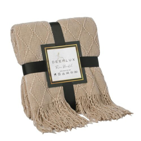 Decorative Knit Throw Blanket 50x60 in, Boasting a Durable Diamond Pattern Design and Elegant Fringe Edges - Khaki, Lightweight, Breathable, Easy Care, Versatile, All-Season, Ideal for Lounging, Gift - LEHADAR