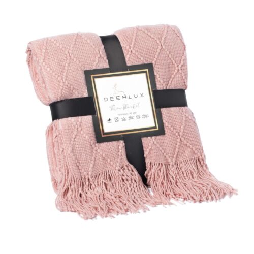 Decorative Knit Throw Blanket, 50x60 in, Boasting a Durable Diamond Pattern Design and Elegant Fringe Edges - Pink, Lightweight, Breathable, Easy Care, Versatile, All-Season, Ideal for Lounging, Gift - LEHADAR