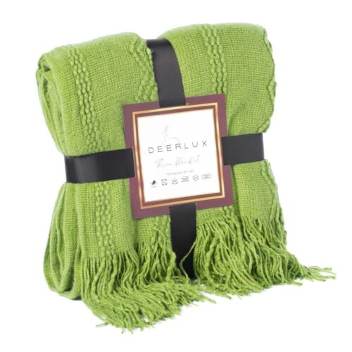 Decorative Zigzag Stripe Pattern Knit Throw Blanket, 50x60 in, Complete with Delicate Fringe Details - Green, Lightweight, Breathable, Easy Care, Versatile, All-Season, Ideal for Lounging, Gifting - LEHADAR
