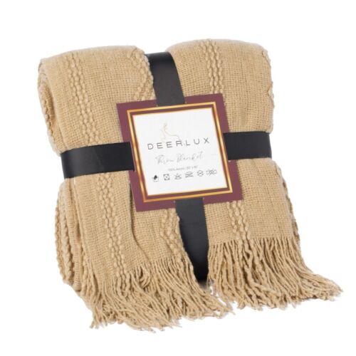 Decorative Zigzag Stripe Pattern Knit Throw Blanket, 50x60 in, Complete with Delicate Fringe Details - Tan, Lightweight, Breathable, Easy Care, Versatile, All-Season, Ideal for Lounging, Gifting - LEHADAR